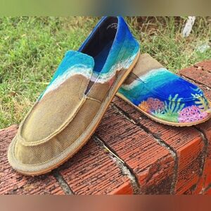 Hand Painted - New - Custom Made - Colorful Canvas Slip-On Shoes - "Ocean